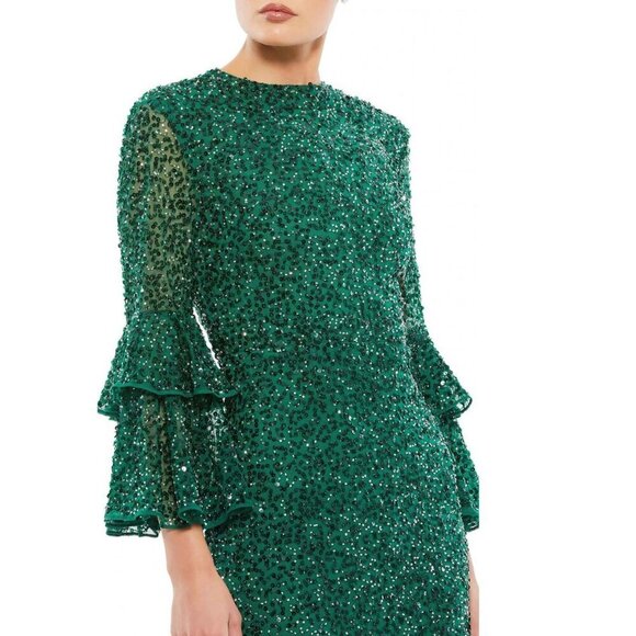 Fully Sequined Ruffle Tiered 3/4 Sleeve Midi Dress Deep Emerald 16 #8540 - Picture 2 of 8